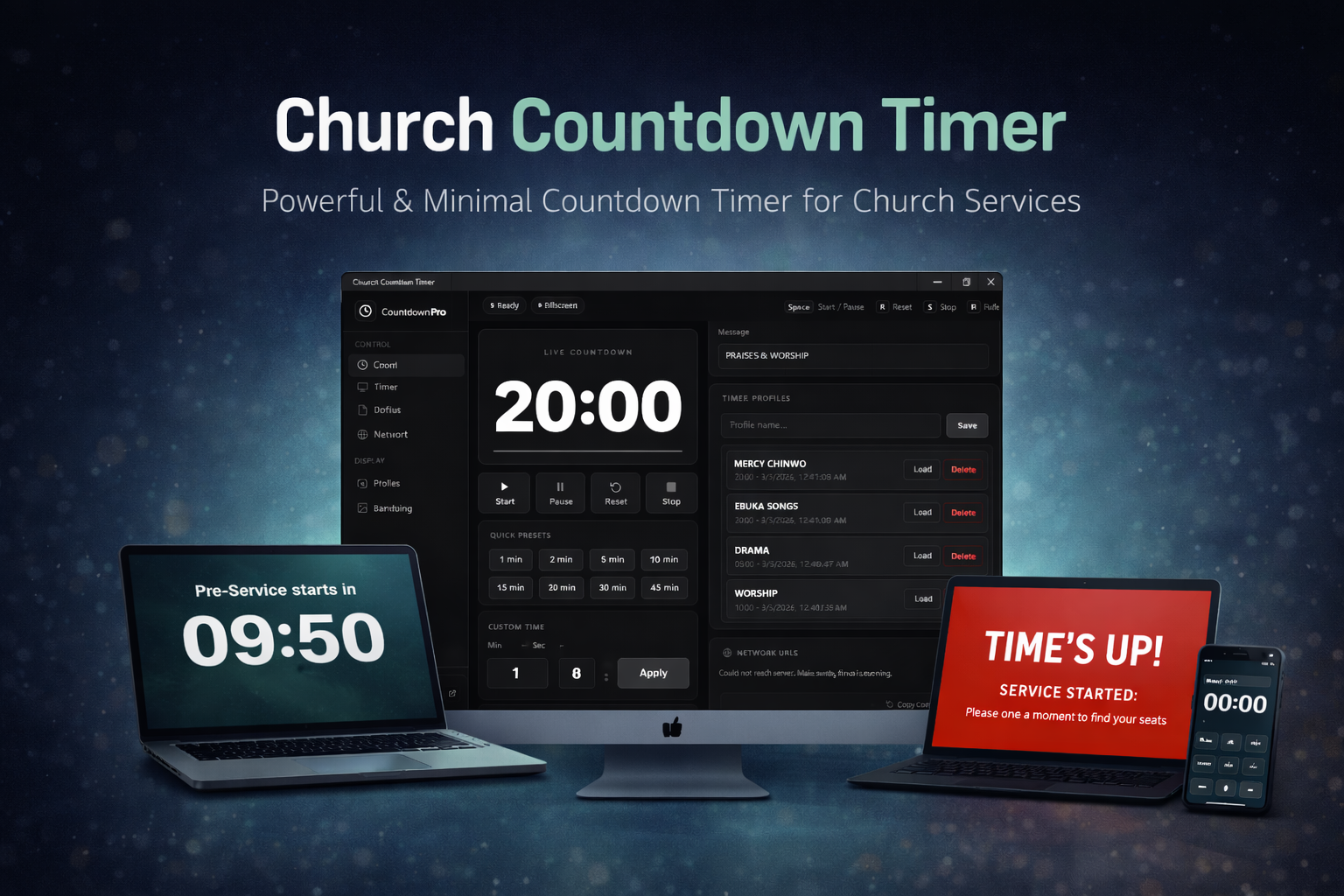 Church Countdown Timer PRO interface showing timer controls and browser output