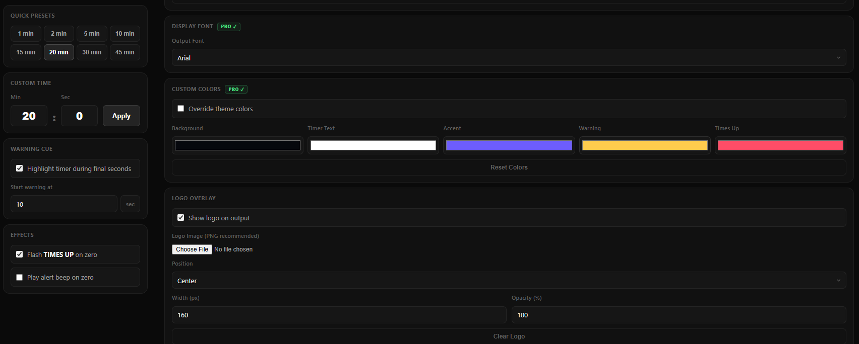 Custom color themes showing different timer color combinations
