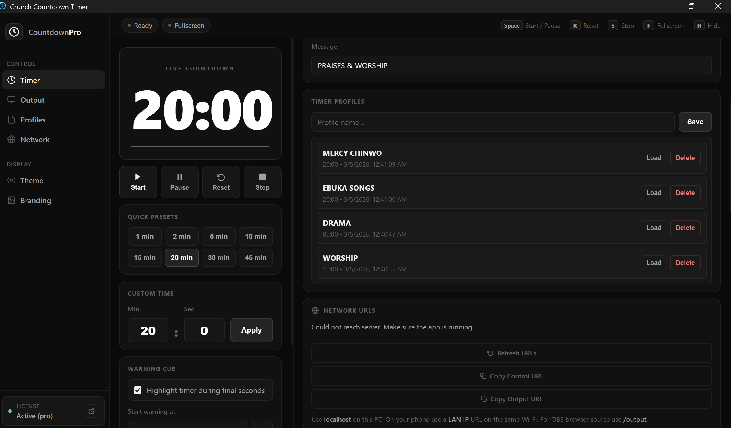 Church Countdown Timer main control screen showing time settings and controls