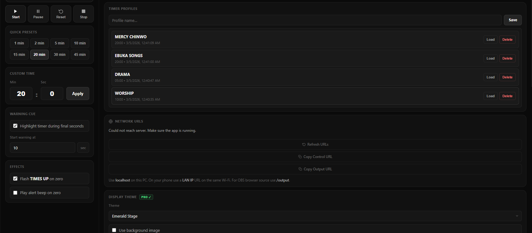 Timer profiles interface showing saved countdown presets